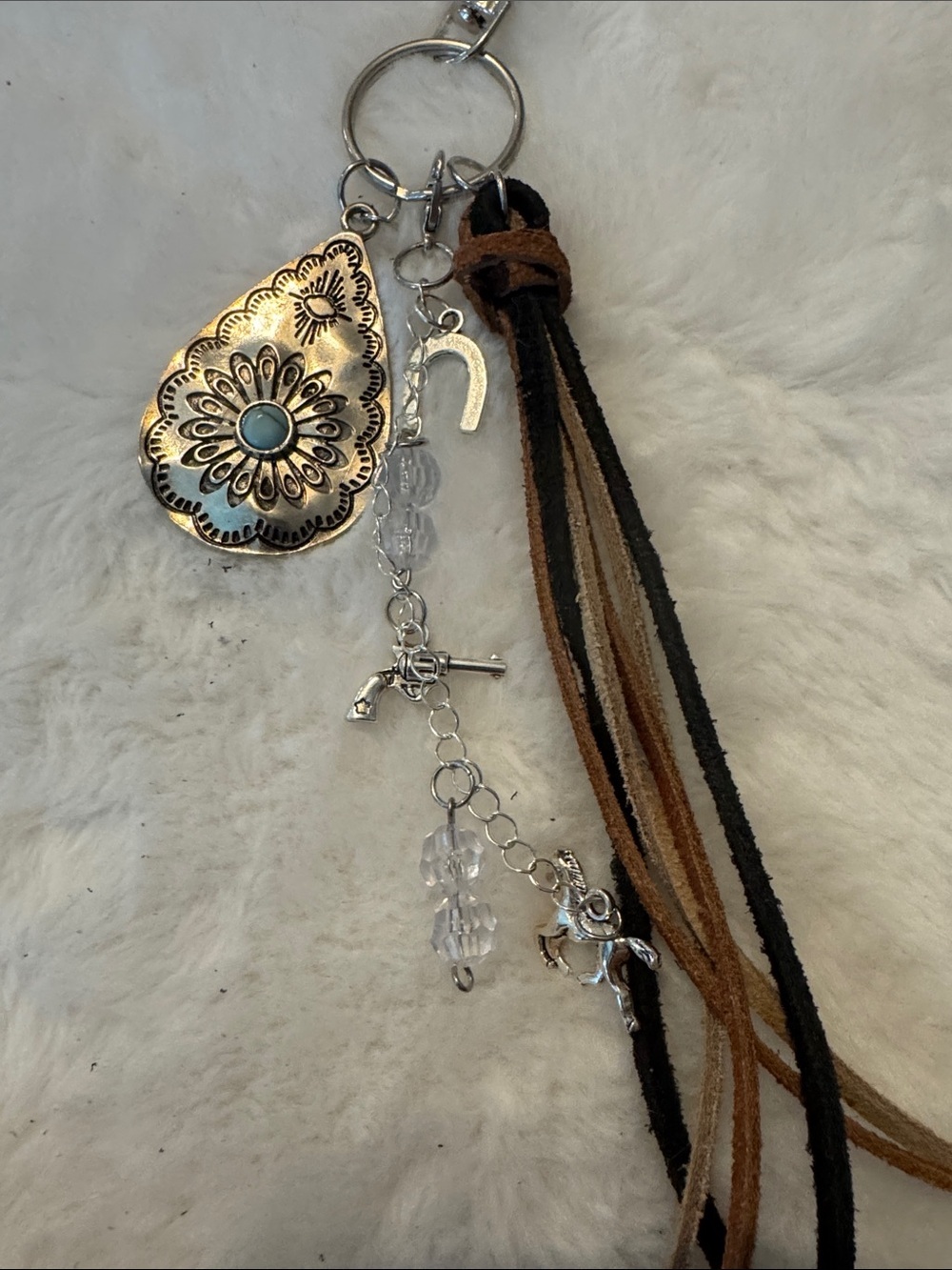 Boho Tassel and Charm Keychain with Turquoise Teardrop Accent